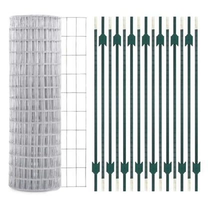 Fencer Wire 12.5-Gauge 5 ft. x 100 ft. Galvanized Welded Fence Wire Roll with 15 pcs 7 ft T-Posts, Farm & Garden Fencing Kit