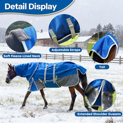 Winter Horse Blanket Horse Turnout Blanket Waterproof 1200D 260g Filled Medium Weight Horse Blanket with Detachable Neck Cover - size: 78in