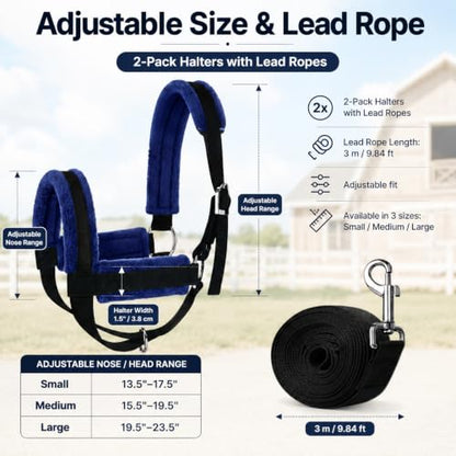 2-Pack Cow Halter with 3M Leading Rope, 13.5"-17.5" Adjustable Nylon Cattle Halter for Calf Cows Horses Livestock, Farm Training Harness - size: 13.5"-17.5"