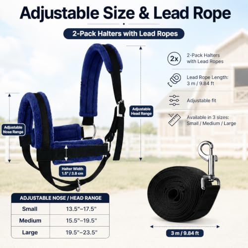 2-Pack Cow Halter with 3M Leading Rope, 19.5"-23.5" Adjustable Nylon Cattle Halter for Calf Cows Horses Livestock, Farm Training Harness - size: 19.5"-23.5"
