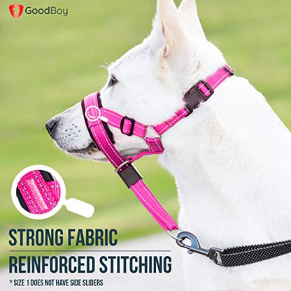 GoodBoy Dog Head Halter with Safety Strap - Stops Heavy Pulling On The Leash - Padded Headcollar for Small Medium and Large Dog Sizes - Head Collar Training Guide Included (Size 1, Pink Nylon) - color: Pink Nylon / Black Padding, size: Size 1 (Pack of 1)