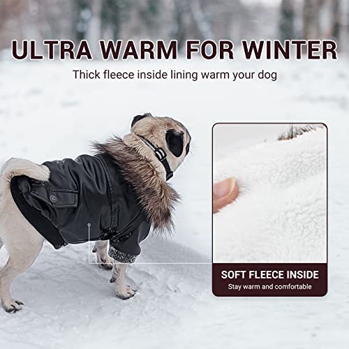 LESYPET Dog Leather Jacket for Small Dogs, Waterproof Dog Winter Jacket Puppy Coat with Fleece Lined, Ultra Warm Fur Collar Doggie Coat, Black S - color: Black, size: Small