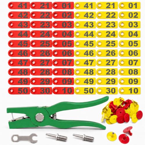 100pcs Livestock Ear Tags with Livestock Ear Tag Applicator - color: Yellow & Red