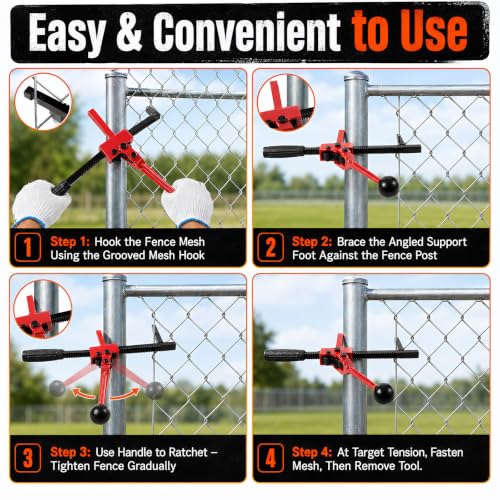 Chain Link Fence Stretcher Tool, Heavy Duty Ratcheting Wire Fence Puller | , 9 Inch Travel, Tilted Base with Deep Groove Hook, Easy One Person Operation for Chain Link Barbed Woven Wire Fence Repair