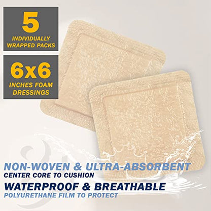 EVERLIT Care Silicone Foam Dressing with Adhesive Border | Highly Absorbent Hypoallergenic Bandages for Chronic Wounds, Bed Sores, Pressure Ulcers | Gentle & Secure Adhesion (6" x 6" | 5 Pack) - size: 6" x 6" | 5 Pack