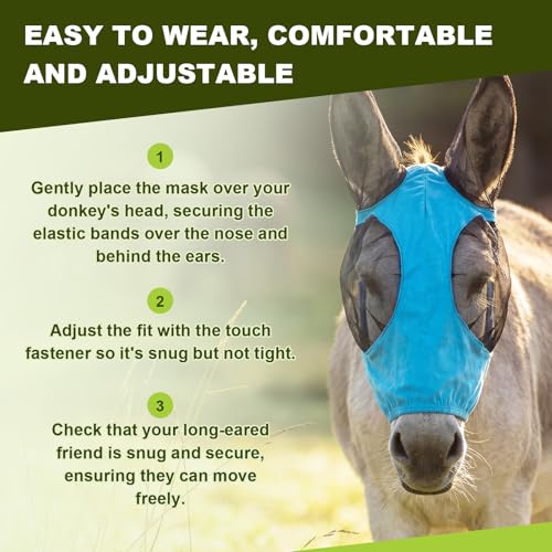 Small Donkey Fly Mask with Ears Protection, Stretchy Mule Mask with Big Mesh Eye Covers, Soft on Skin, Comfortable Breathable Protection from Insects and Bugs - color: Blue, size: Small