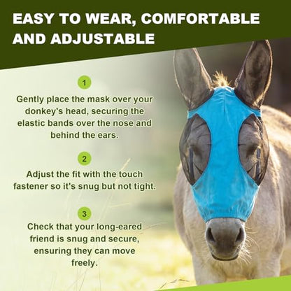 Small Donkey Fly Mask with Ears Protection, Stretchy Mule Mask with Big Mesh Eye Covers, Soft on Skin, Comfortable Breathable Protection from Insects and Bugs - color: Blue, size: Small