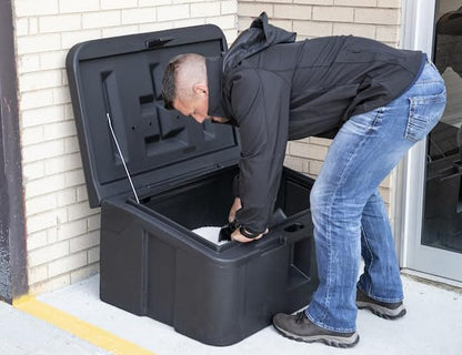 Buyers Products 9031105 Heavy Duty 35 Gallon Poly Storage Bin, Black | Weather-Resistant 35 Gallon Storage With Lockable Lid, Forklift Slots And Stackable, Corrosion-Free Construction And Gear - size: 36 Gallon Capacity