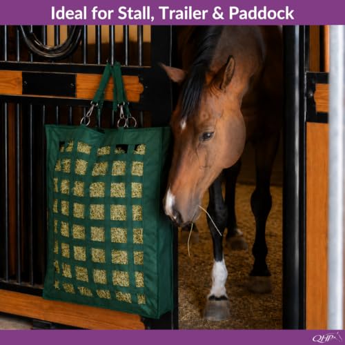 QHP Slow Feeder Hay Bag for Horses | Slow Feed, Horse Hay feeder, 2.4" Mesh, 600D Polyester, Holds up to 13 lbs - color: Dark Green