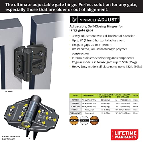 D&D TCAMA1 TruClose Mult-Adjust Gate Hinge Square Gates, Black, 2 pcs | 3-way adjustable gate hinge, self-closes square post metal, wood, vinyl gates up to 55 lb, Black, comes with 2 hinges - color: Black, size: For Square Posts, Gate Gap up to 1.5 in