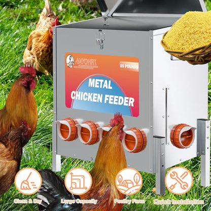 85 Pounds Automatic Chicken Feeder 6 Ports Large Gravity Fed Chicken Feeder with Adjustable Legs Perspective Window Latch & Handle for Chickens Bantams Pheasants - size: 6 Ports - 85-120 LBS with Legs