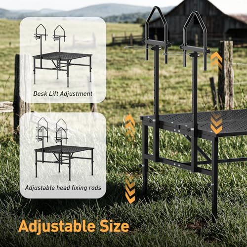 Goat Milking Stand,1000LBS Metal Goat Stand with Feed Bin,Headpiece, Livestock Trimming Stand with Adjustable Height 15.7" to 25.6", Dual-Table Design Sheep Stand for Goats and Lambs, Black