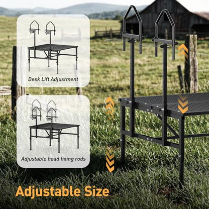 Goat Milking Stand,1000LBS Metal Goat Stand with Feed Bin,Headpiece, Livestock Trimming Stand with Adjustable Height 15.7" to 25.6", Dual-Table Design Sheep Stand for Goats and Lambs, Black