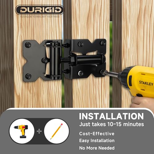 Self Closing Gate Hinges, Spring Loaded Gate Hinges, Shed Door Hinges for Vinyl/Wood Fence/Steal Gate, Self-Tapping Screws and Adjustment Tool, Black Finish, 2 Pack