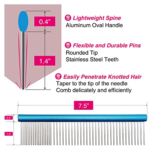 Greyhound Comb with Oval Handle for Dogs and Cats, Removing and Shedding Matted, Tangled Hair, Metal Comb with Stainless Steel Pins, Detangling Grooming Tool, Pet Comb (20% Fine Spacing)… - color: Blue-20% fine pins, size: Small (Pack of 1)