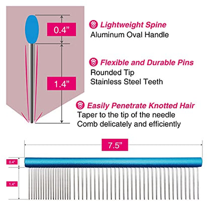 Greyhound Comb with Oval Handle for Dogs and Cats, Removing and Shedding Matted, Tangled Hair, Metal Comb with Stainless Steel Pins, Detangling Grooming Tool, Pet Comb (20% Fine Spacing)… - color: Blue-20% fine pins, size: Small (Pack of 1)