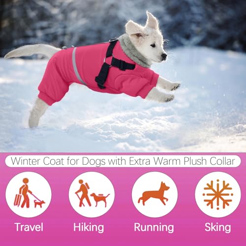 BRKURLEG Dog Winter Coat with Harness Built in, Winter Dog Jacket for Small and Medium Dogs, Small Dogs Snowsuit Reflective Windproof Cold Weather Coat, Puppy Warm Fleece Coats, Hot Pink, S - color: Hot pink, size: Small