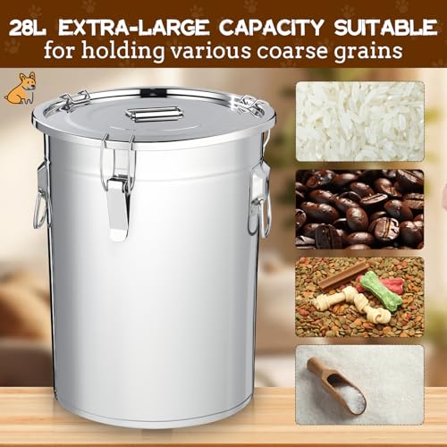 Lounsweer 2 Pack Stainless Steel Dog Food Storage Container with Lid and Locking Clamp Metal Airtight Container Large Stainless Steel Bucket with Food Scoop for Pet Feed(17 L) - size: 17 L