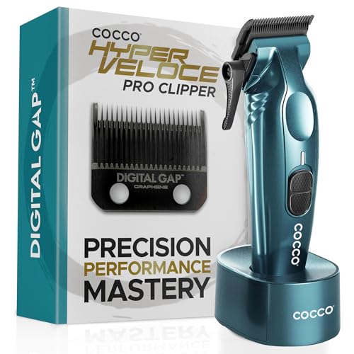 Cocco Hyper Veloce Pro High Performance Cordless Brushless Hair Clipper | Digital Gap Ambassador Graphene Taper Blade, for Professional Barbers, 7200 RPM BLDC Motor, All Metal, Charging Base - color: Blue