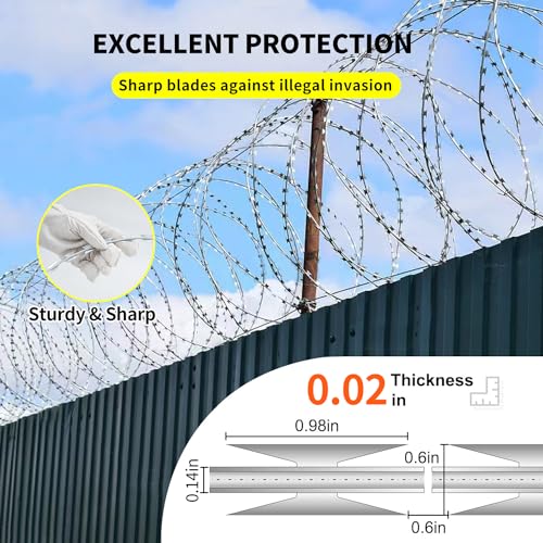 296 FT Razor Wire, 6 Rolls, Concertina Fencing with Warning Sign - size: 296FT, style: 6 Rolls