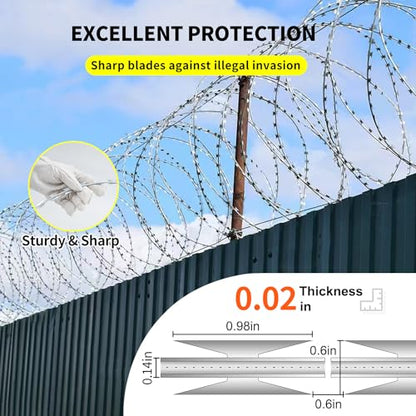 296 FT Razor Wire, 6 Rolls, Concertina Fencing with Warning Sign - size: 296FT, style: 6 Rolls