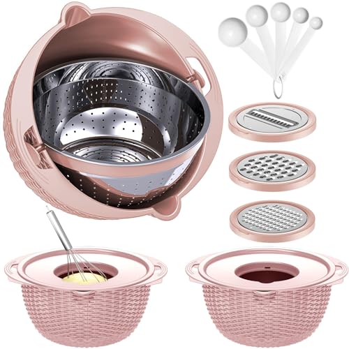 4-1 Colander with Bowl & Spoons Set - Food Strainer with New Upgraded Graters & Spoons - Colanders for kitchen(Patented) - Strainer for Fruit Pasta Veggie, Funny Presents for Women, Pink - color: Pink