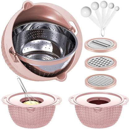 4-1 Colander with Bowl & Spoons Set - Food Strainer with New Upgraded Graters & Spoons - Colanders for kitchen(Patented) - Strainer for Fruit Pasta Veggie, Funny Presents for Women, Pink - color: Pink