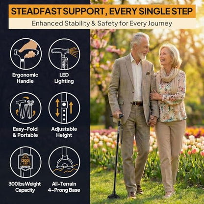 Walking Cane with LED Light, Foldable,Adjustable, Self Standing Walking Canes for Men & Women,Walking Sticks with Quad Base for Seniors & Adults - color: Black