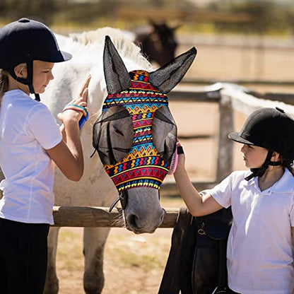 Frienda 3 Pieces Horse Fly Mask with Ears Adjustable UV Protection Breathability Horses Fly Masks Elasticity Smooth Comfortable Equine Face Covering(M) - size: M