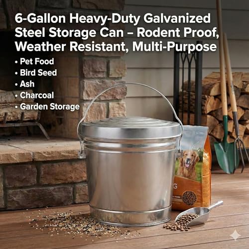 6-Gallon Galvanized Steel Storage Can with Lid, Heavy-Duty Metal Trash Can for Outdoor, Indoor Use, Pet Food Container, Bird Seed Storage, Ash Bucket, Rodent Proof, Ideal for Garage, Garden, Patio