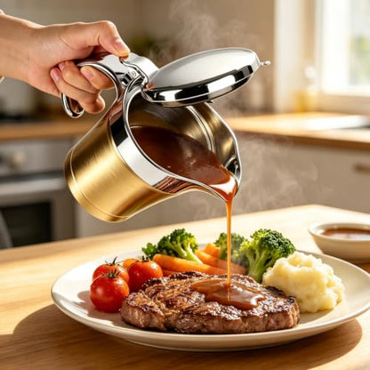 Double Insulated Gravy Boat - Stainless Steel Sauce Jug with Hinged Lid Hinged Lid Ideal for Gravy or Cream at Thanksgiving (450ML/16 OZ Gold plating) - color: 450ML/16 OZ Gold plating