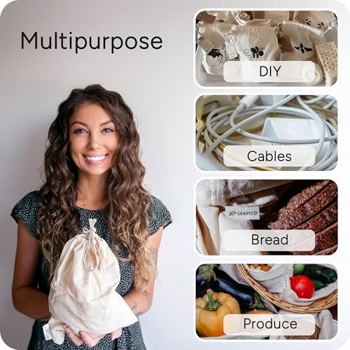 LEAFICO Multipurpose Eco Cloth Bags - Large 10x12 Inch (12 Pack) - Cotton Produce Storage Sacks - Muslin Drawstring Pouches for Vegetables - Bread Bags - Fabric Sachets - size: Large 10x12"