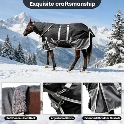 1200D Turnout Horse Blanket with Hood, Medium Weight, Black/Gray, 72 in - color: Black/Gray With Band, size: 72 IN