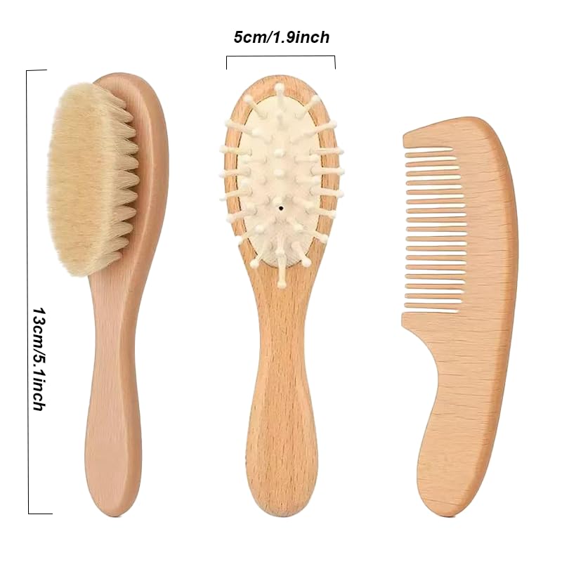 Baby Hair Brush and Comb Set, Natural Wood Scalp Massage Brush,Soft Goat Bristle Brush & Wooden Comb for Newborns, Toddlers, Boys & Girls for Cradle Cap (3 PC set(Oval))
