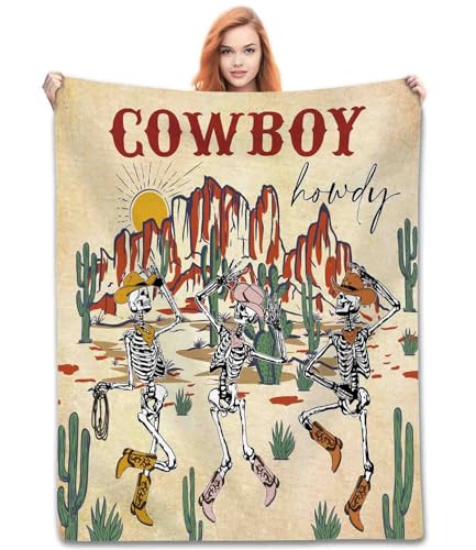 Cowboy Throw Blanket, Western Retro Wild Desert Funny Halloween Skeleton Howdy Rustic West Skull Fleece Fuzzy Fannel Blankets for Sofa Bed Chair Couch Bedroon Living Room Gifts, 30"x40" Inch - color: Cowboy-03, size: 30x40 inch