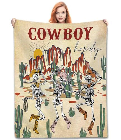 Cowboy Throw Blanket, Western Retro Wild Desert Funny Halloween Skeleton Howdy Rustic West Skull Fleece Fuzzy Fannel Blankets for Sofa Bed Chair Couch Bedroon Living Room Gifts, 30"x40" Inch - color: Cowboy-03, size: 30x40 inch