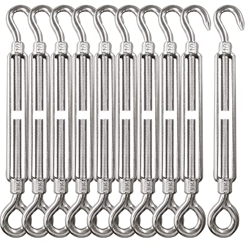 Turnbuckle Lsqurel 10PCS 304 Stainless Steel Turnbuckle Hook and Eye Heavy Duty M4 M6 M8 M10 Tensioner Adjustable Shade Sail Hardware for Tightening up Metal Cable Wire 5/32 1/4 5/16 3/8 - style: M10 - 10pcs