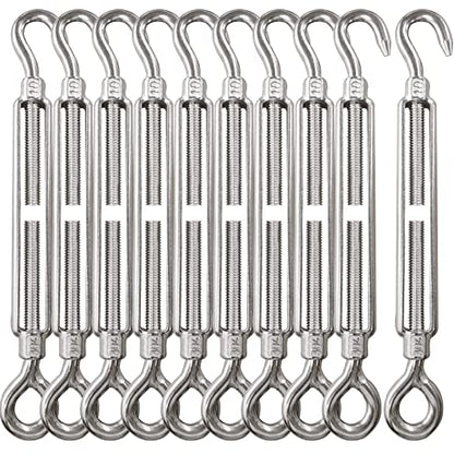 Turnbuckle Lsqurel 10PCS 304 Stainless Steel Turnbuckle Hook and Eye Heavy Duty M4 M6 M8 M10 Tensioner Adjustable Shade Sail Hardware for Tightening up Metal Cable Wire 5/32 1/4 5/16 3/8 - style: M10 - 10pcs