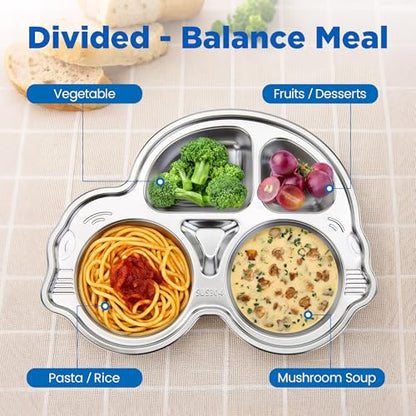 Stainles Steel Baby Suction Plate, Car Divided Toddler Plate Blue - color: Blue