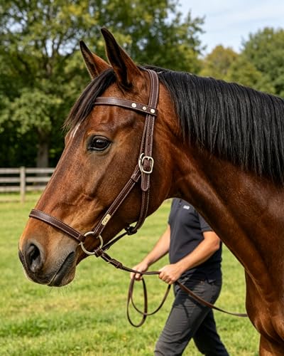 J7 Adjustable Full-Grain Leather Horse Halter with Breakaway Crown Padded Noseband & Cheek Straps Durable Everyday Halter for Training & Turnout