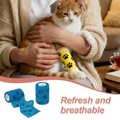 Pet Wrap Bandages, 3 Inch 5 Yard Self Adhesive Bandage Wrap, Pet Non-Woven Tape First Aid Cohesive Gauze, (Light Blue/Paw, 2 Pcs), Intended for Dog/Cat/Bird/Legs/Paws/Wound - color: Light Blue, size: 3 inch