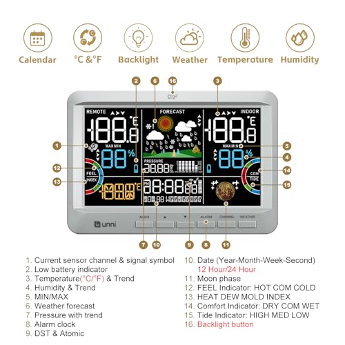 Weather Station Indoor Outdoor Thermometer Wireless Atomic Clock Grey | Home Atomic Clock Large Constant Display, Inside Outside Temperature Humidity Monitor, Dew Heat Point, Barometer - color: Grey