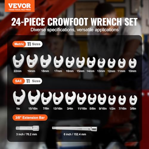 VEVOR Crowfoot Wrench Set, 3/8" Drive 24-Piece Crows Foot Wrench Set with 2 Extension Bars and EVA Tool Organizer, SAE 3/8"-1" and Metric 10-22 mm, CRMO Steel and Mirror Chrome Finish - size: 3/8" 24 PCS