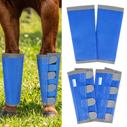 Fly Boots for Horses Set of 4 with Reflective Vercros, Loose Fitting Mesh Horse Fly Boots Leggings, Adjustable Equine Leg Wraps & Socks, Stay Up Not Sag, No Rub - color: Blue