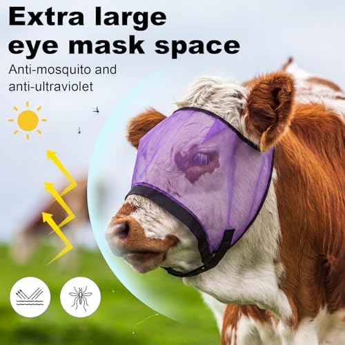 Abbylike 2 Pcs Cattle Livestock Fly Mask Adjustable Mesh Cow Mask with Elastic Chin Strap, Breathable Mesh Padded Large Spacing Forelock Opening Design Adjustable Fit for Cattle (Purple) - color: Purple