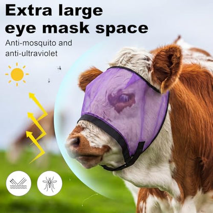Abbylike 2 Pcs Cattle Livestock Fly Mask Adjustable Mesh Cow Mask with Elastic Chin Strap, Breathable Mesh Padded Large Spacing Forelock Opening Design Adjustable Fit for Cattle (Purple) - color: Purple