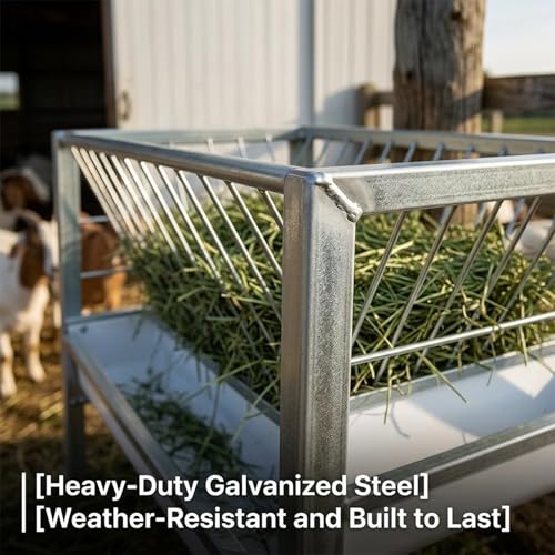 59" X 24" X 33.4" Goat Sheep Feeder, 95 Gallon Goat Hay Feeder, Livestock Hay Feeder with Grain Water Pan, Stainless Steel Frame Safe Rounded Edges, Livestock Feed Trough for Goats, Horses and Cattle