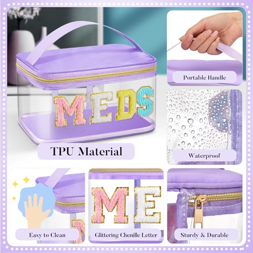 Geetery Chenille Letter Bag, Meds Cheer Travel Cases Cheerleader Gifts Cosmetic Bag Nylon Makeup Portable Preppy Patch with Zipper Toiletry Storage Case for Women(Purple,Meds) - color: Purple, style: Meds