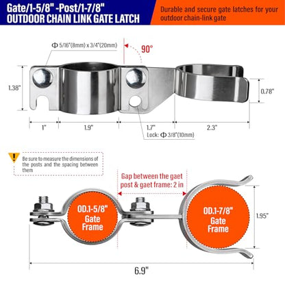 Heavy Duty Stainless Steel 1-5/8" x 1-7/8" Chain Link Fence Gate Fork Latch with Hole for Padlock（Fit 1 5/8" Gate Frame） 1Pack - size: 1-5/8''x1-7/8''-1P