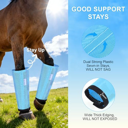 Fly Boots for Horses Set of 4, Loose Fitting Mesh Horse Fly Boots Leggings, Reduce-Stomping Adjustable Equine Leg Wraps & Socks, Stay Up Not Sag, No Rub (Sky Blue) - color: Sky Blue